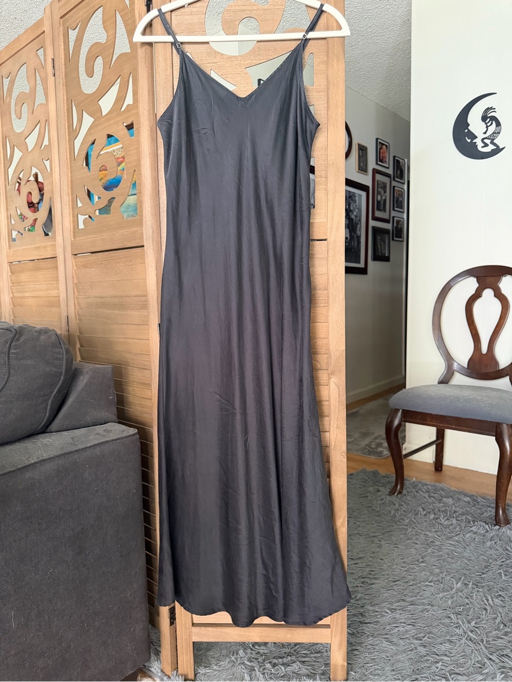 THXSILK 100% Mulberry Silk Long Nightgown Black Large L Adjustable Straps